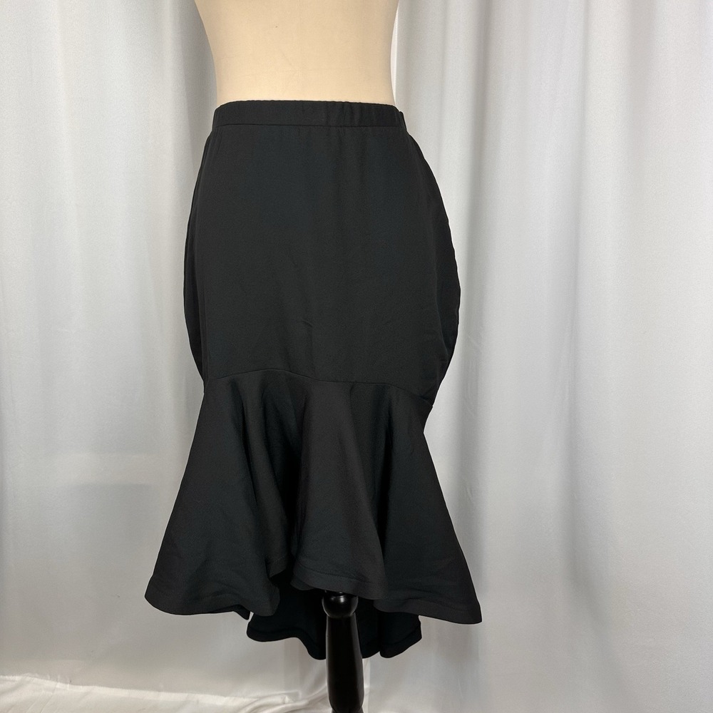 Y2K Black Fishtail Midi Skirt Stretch Poly Spandex Flounce Hem Minimalist Size L